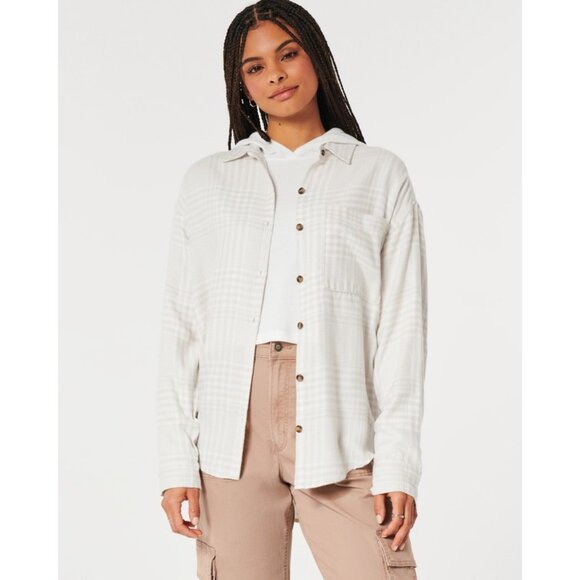 nwot HOLLISTER Relaxed-Fit Soft Flannel Button-Up Shirt in Cream Plaid - Sz. XXL - Picture 1 of 9